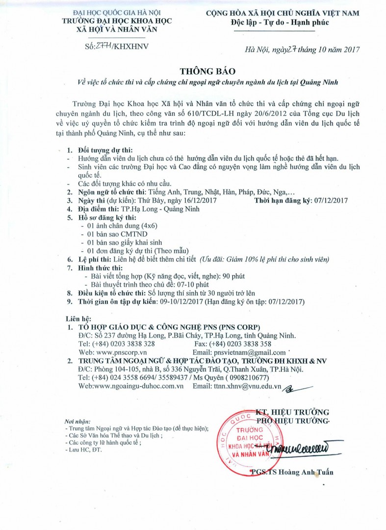 Thông báo tổ chức thi và cấp chứng chỉ ngoại ngữ chuyên ngành du lịch tại Quảng Ninh - PNS CORP